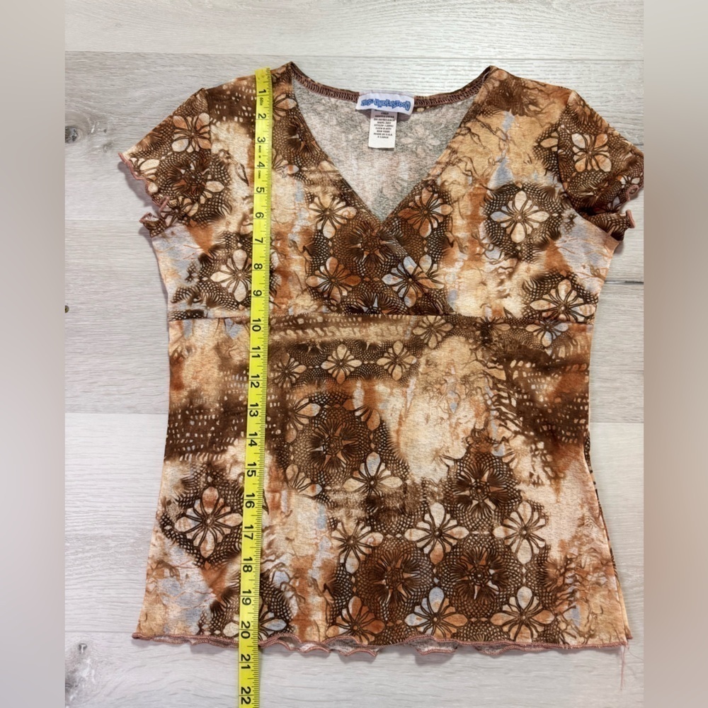 Y2K MissUnderstood V Neck Empire Mesh Brown Patterned Top, XL, fits like Medium - Picture 10 of 11